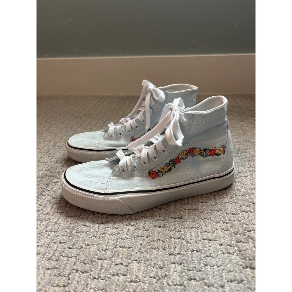 Vans Sk8-Hi Floral Embroidery Light Blue High Top Sneakers Womens 8.5 Mens 7